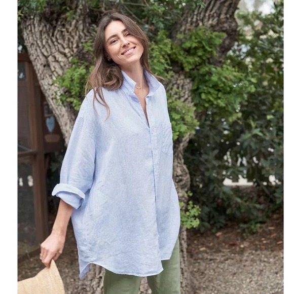 Frank & Eileen Tops - Frank & Eileen Mackenzie Oversized Linen Shirt Blue Stripe OS Woven in Italy